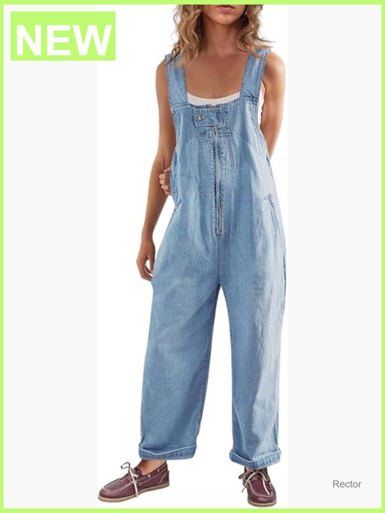 Womens Denim Bib Overalls Wide Leg Sleeveless Zipper Loose Fit Jumpsuit